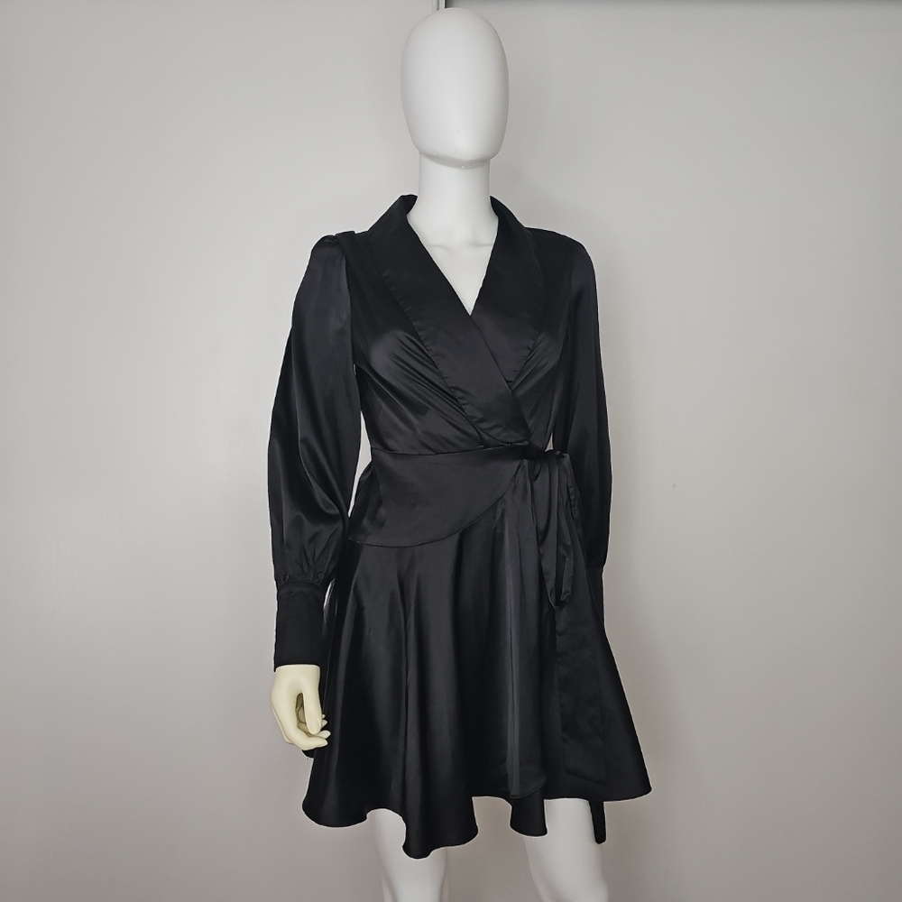 Beautiful Women's Long Sleeve Collared Satin Wrap Dress With Gold Buttons